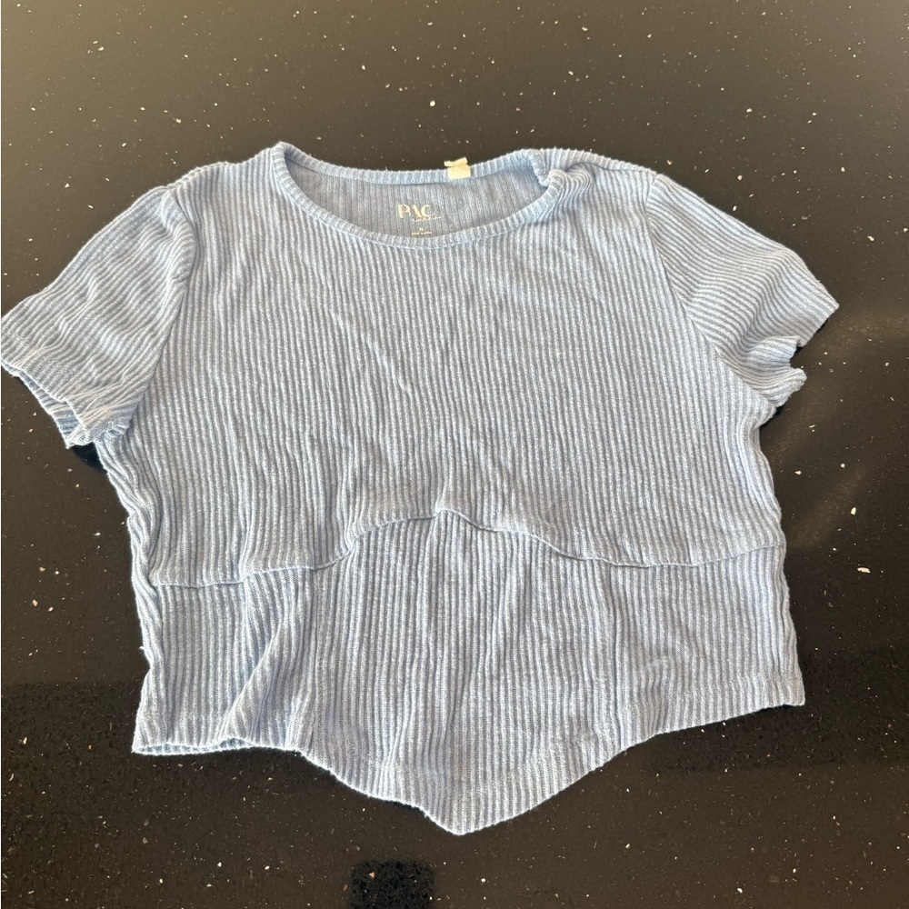 Blue Ribbed Short Sleeve Top - Picture 2 of 5